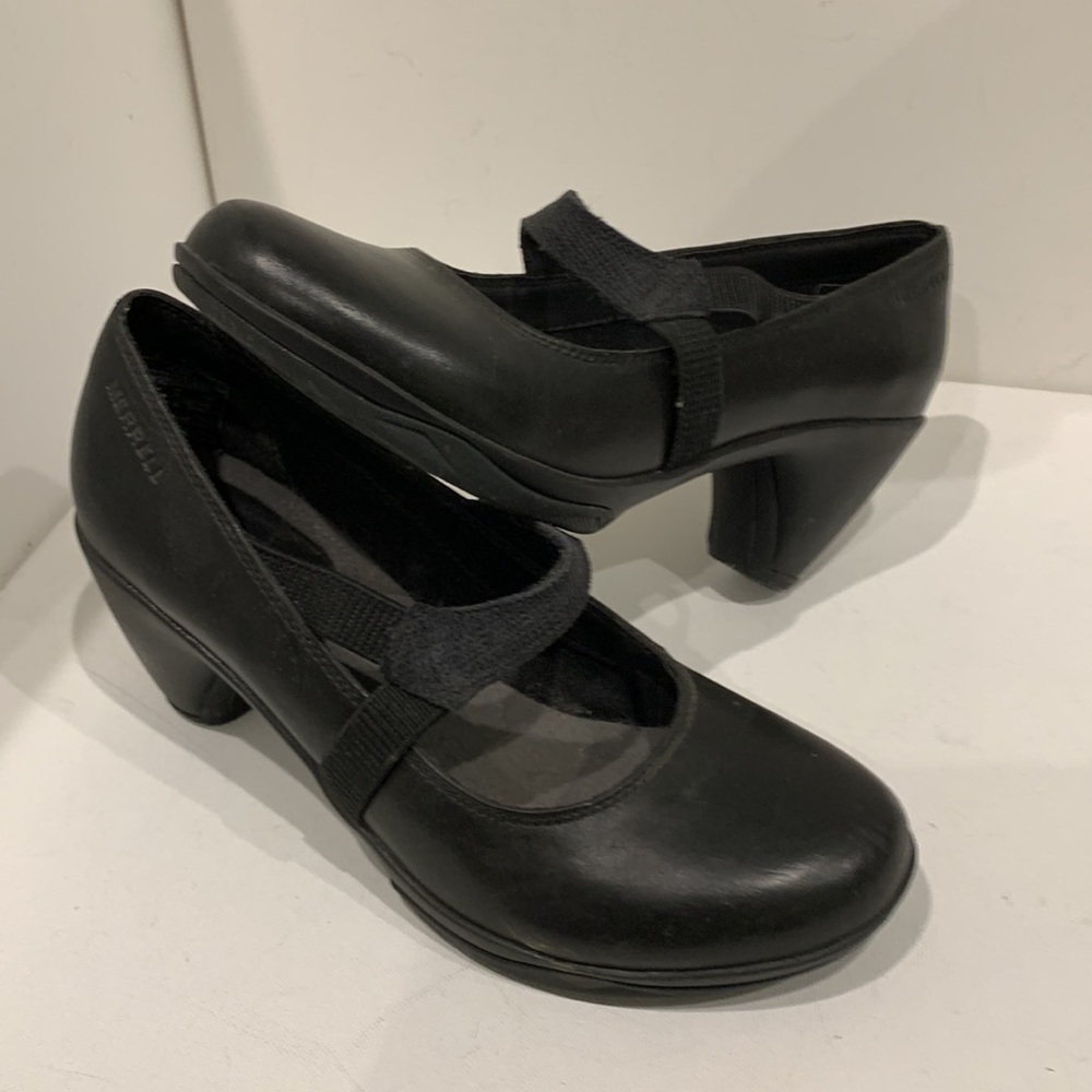 Merrell Mary Jane Black Leather Heel Wedge Elastic Strap Performance Shoe